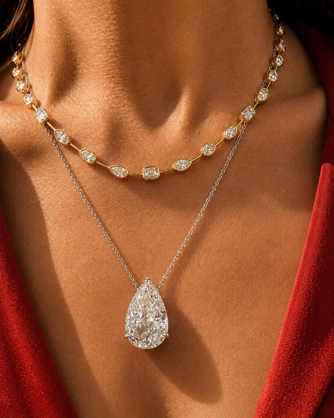 Diamond necklace worn at the neckline