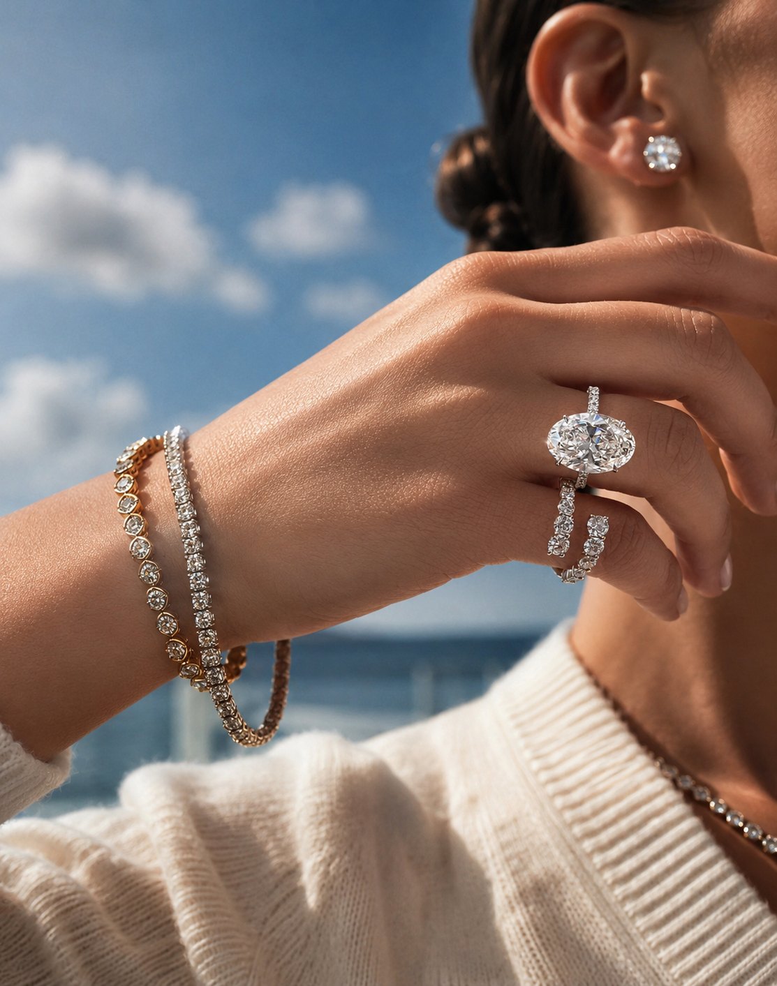 Oval diamond engagement ring worn in the Cayman sunlight
