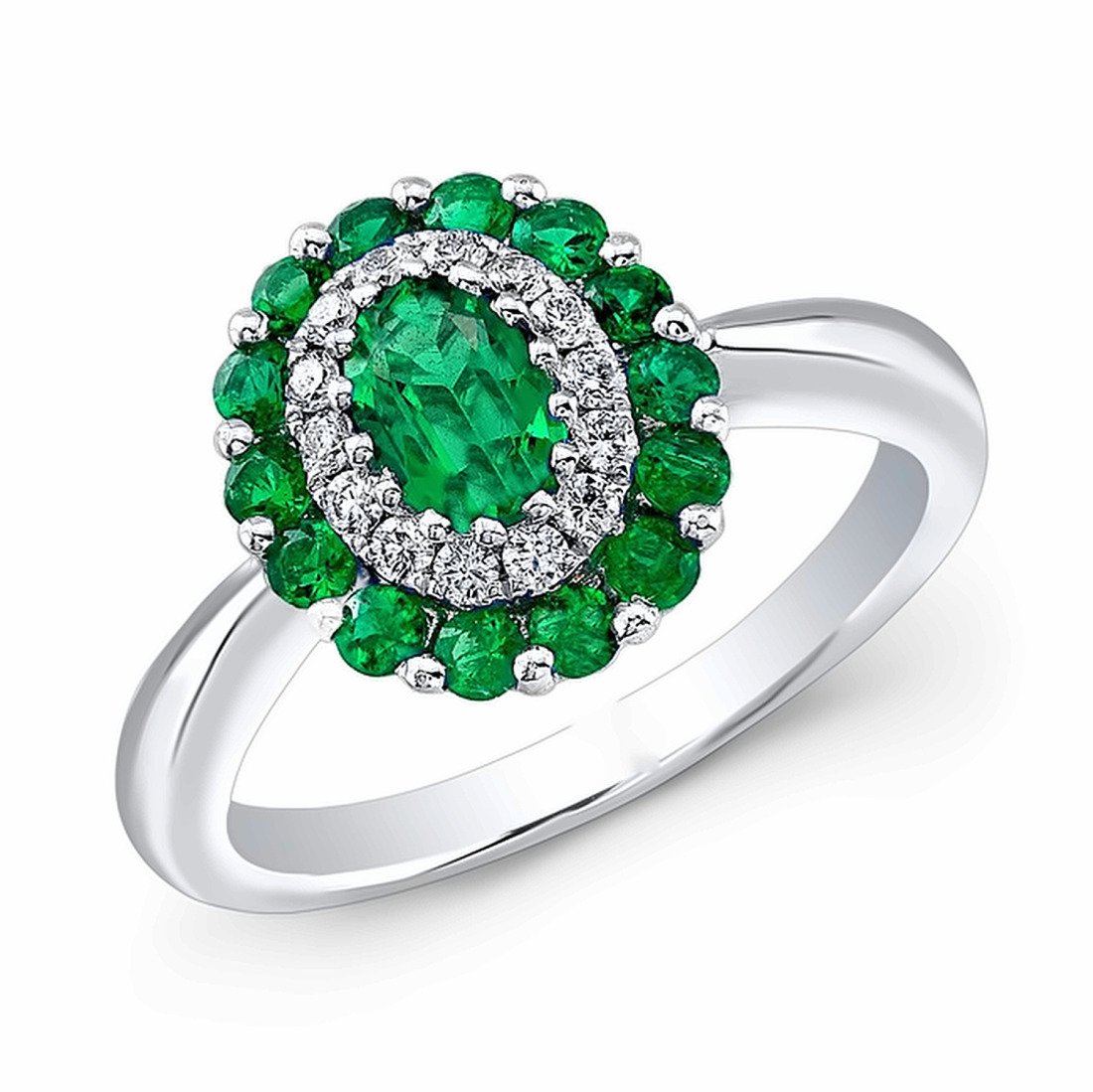 Natural emerald and diamond halo ring in white gold