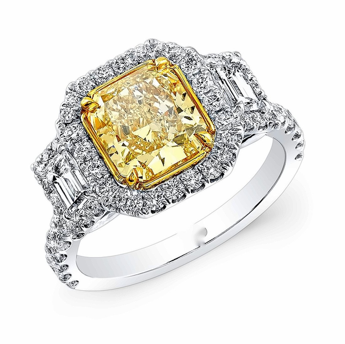Fancy yellow diamond ring with a white diamond halo